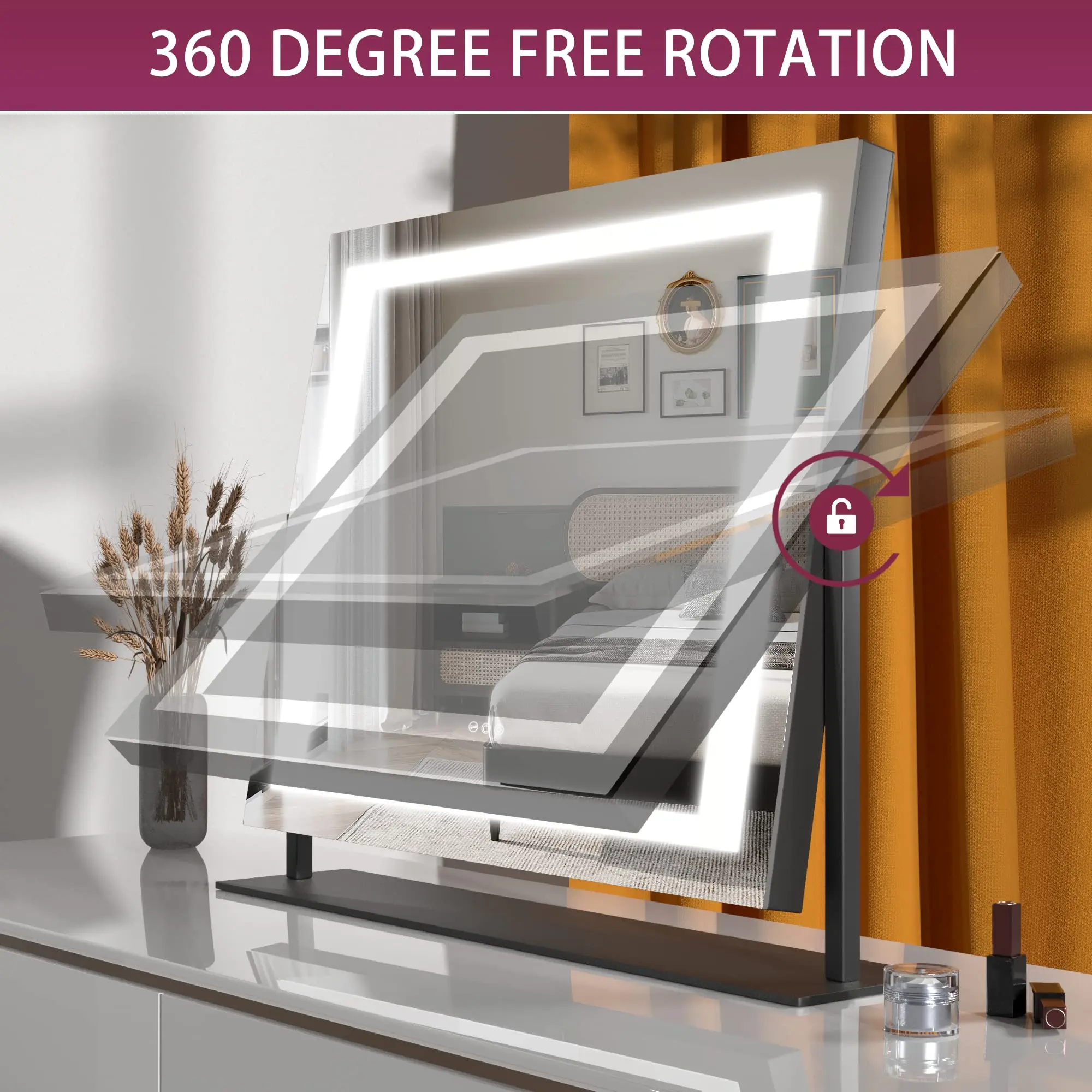 Hasipu Miroir de courtoisie LED 24,2 x 19,7 pouces avec grossissement 10X, port de chargement USB, Smart Touch 3 couleurs réglables, 360 °   Rotation