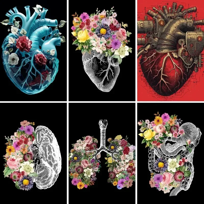 Volldiamantgemälde, Blumenorgane-Poster, Herz, Lunge, Gehirnmosaik-Stickerei, Geschenk für Arzt, Krankenschwester, Physicher, Anatomie-Dekor