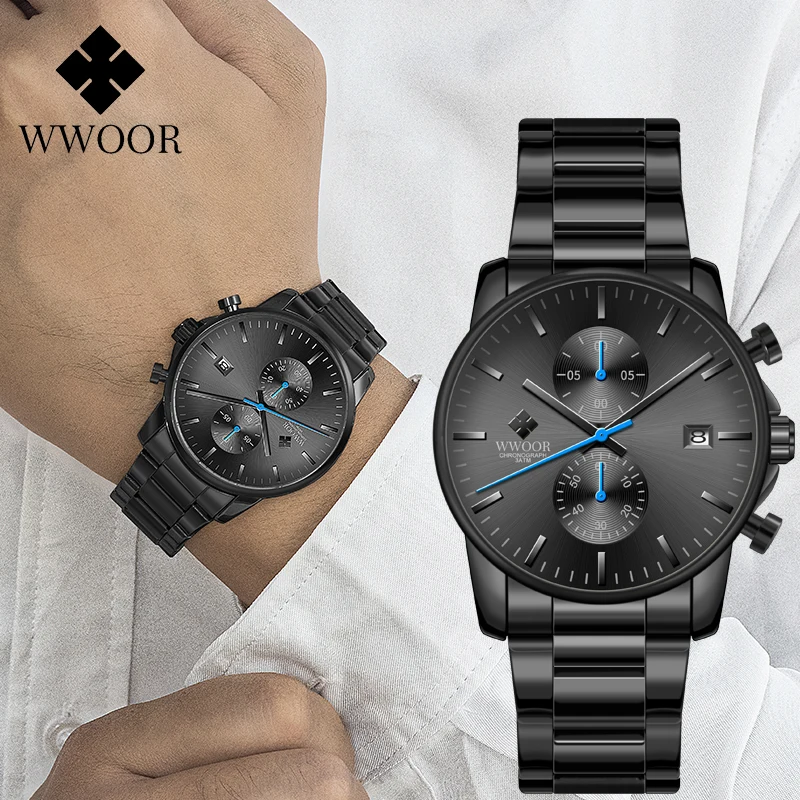 

WWOOR Top Brand Watches Men Stainless Steel Business Date Clock Waterproof Chronograph Watch Men Luxury Sports Quartz Wristwatch