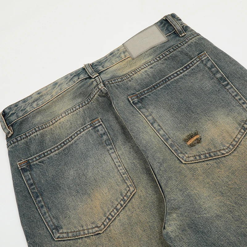 UPRAKF Distressed Pocket Ripped Jeans Streetwear Basic Pants High Street Autumn Casual Blue Denim Fashion Summer