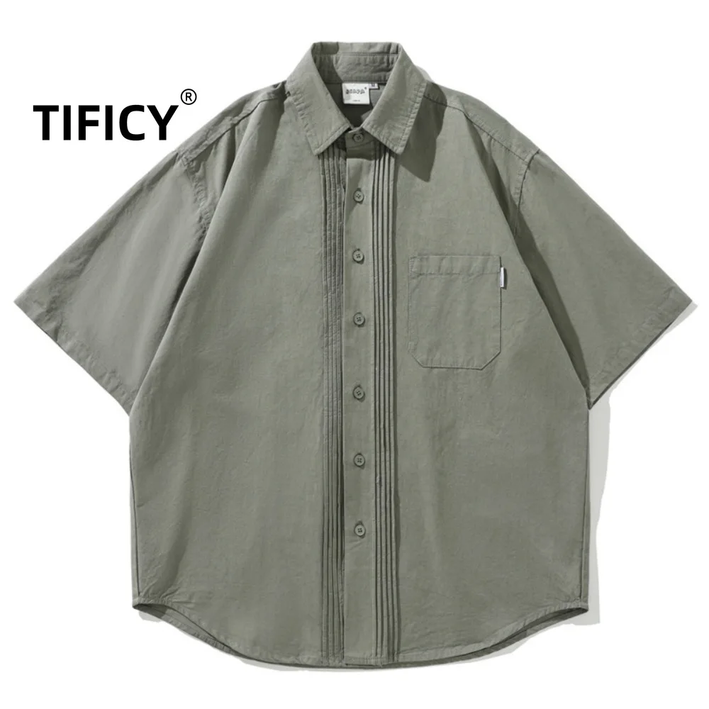 

Японская ретро плиссированная рабочая одежда с силуэтом, рубашка с короткими рукавами, мужская повседневная рубашка из чистого хлопка с короткими рукавами, топы