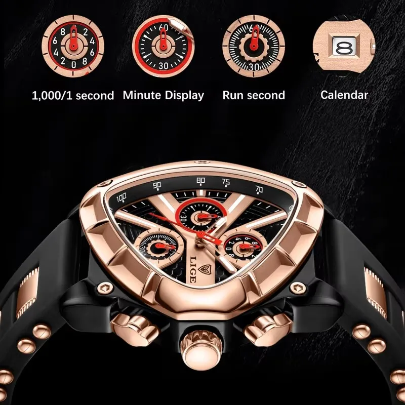 LIGE, nuevos relojes para hombre, reloj de pulsera de cuarzo triangular creativo, punteros luminosos, reloj militar con correa de goma, reloj resistente al agua para hombre