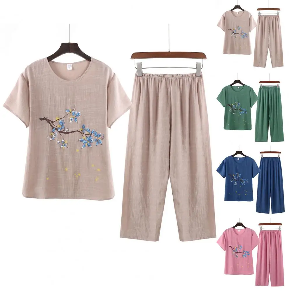 Fashion O Neck Mid Waist Elastic Waist Grandmother Summer Pajamas Set Short Sleeves Women Top Pants Set for Going Out