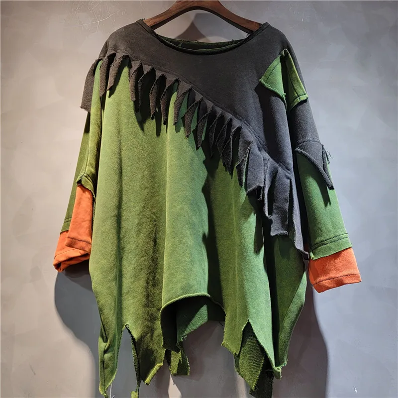 

Женские футболки контрастного цвета с кисточками в стиле пэчворк, футболки с бахромой, весна-лето, уличные укороченные топы с короткими рукавами нерегулярной формы