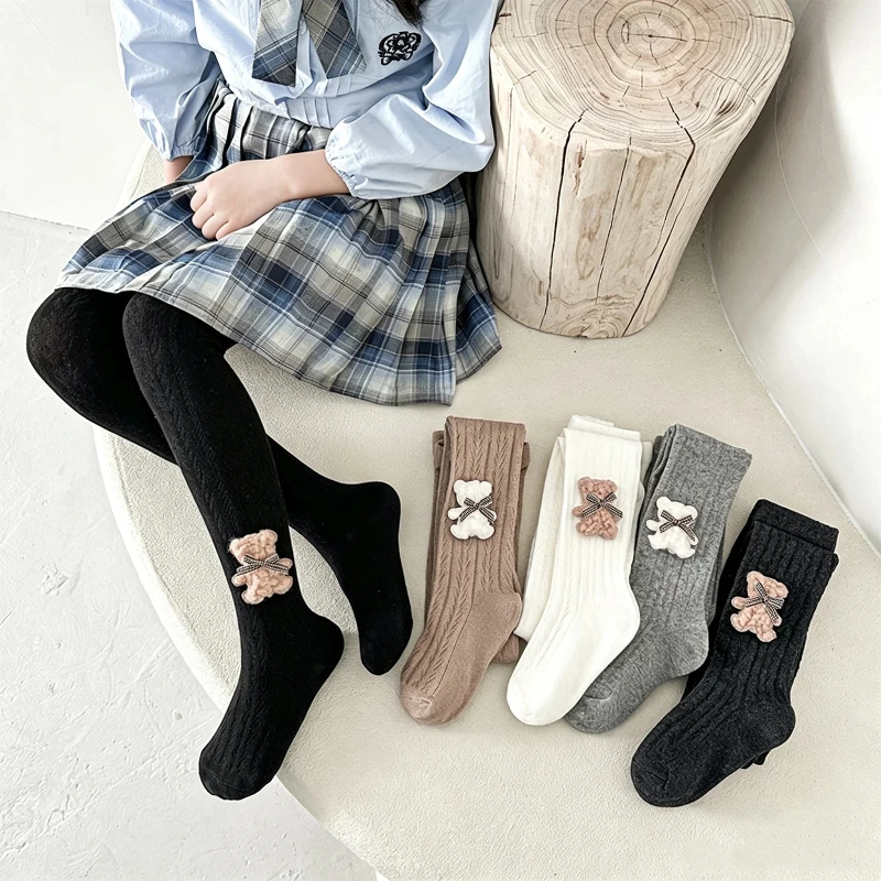 Fluffy Bear And Bow Decor Pantyhose Cute Little Girls Wear Resistant Anti Pilling Texture Comfort Stretch Fabric Daily Leggings