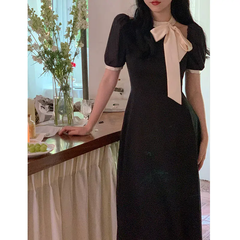 Elegant Bowtie Black Dress Women Fashion Retro Puff Sleeve Blue Bandage Midi Dresses Office Lady A Line Sundress Vestidos 2023