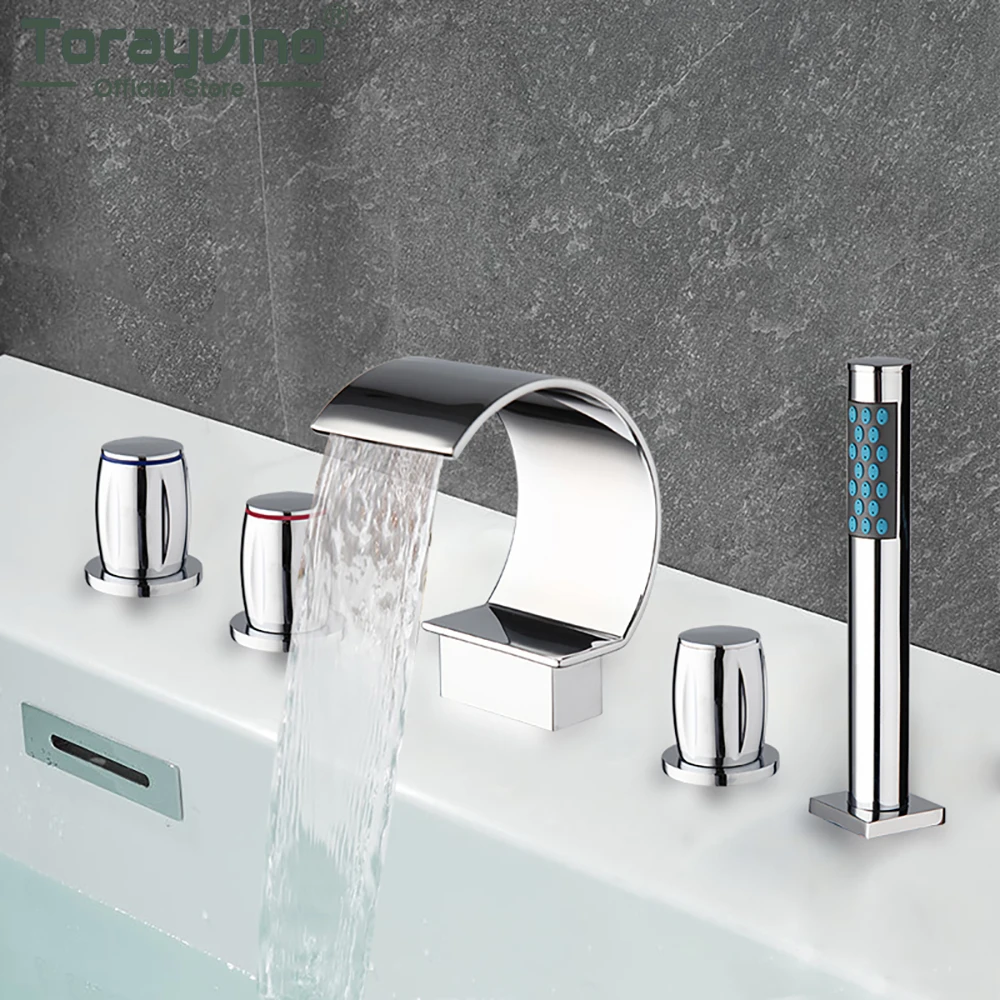 

Torayvino Роскошный хромированный смеситель для ванны, ванная комната, душ, монтируемый на палубе, 3 ручки, смеситель для водопада, смеситель для воды, комбинированный комплект