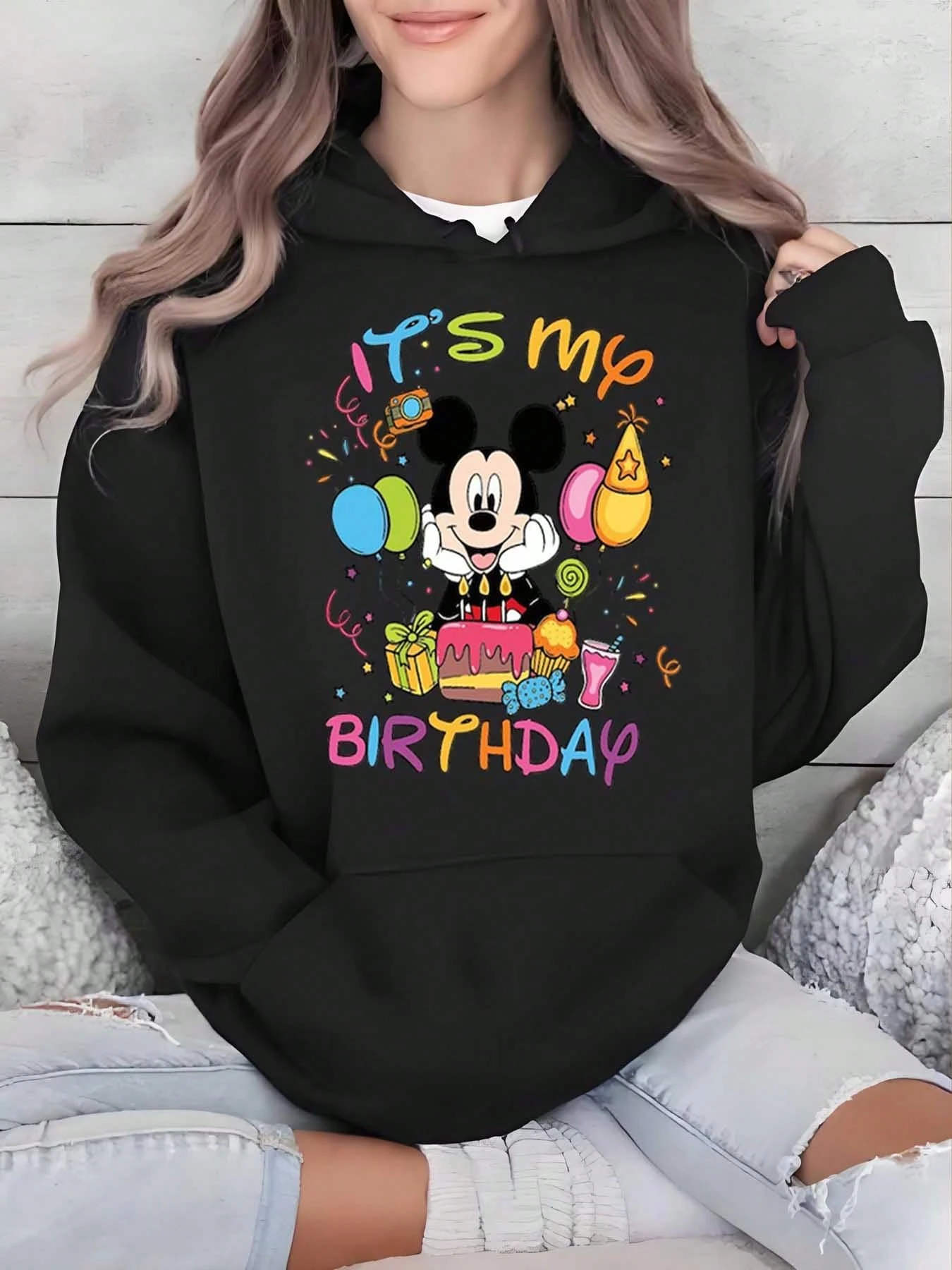 

Женская толстовка с капюшоном Disney с изображением Микки Мауса на день рождения, осенне-зимняя флисовая толстовка с капюшоном для повседневной носки на открытом воздухе для любого случая