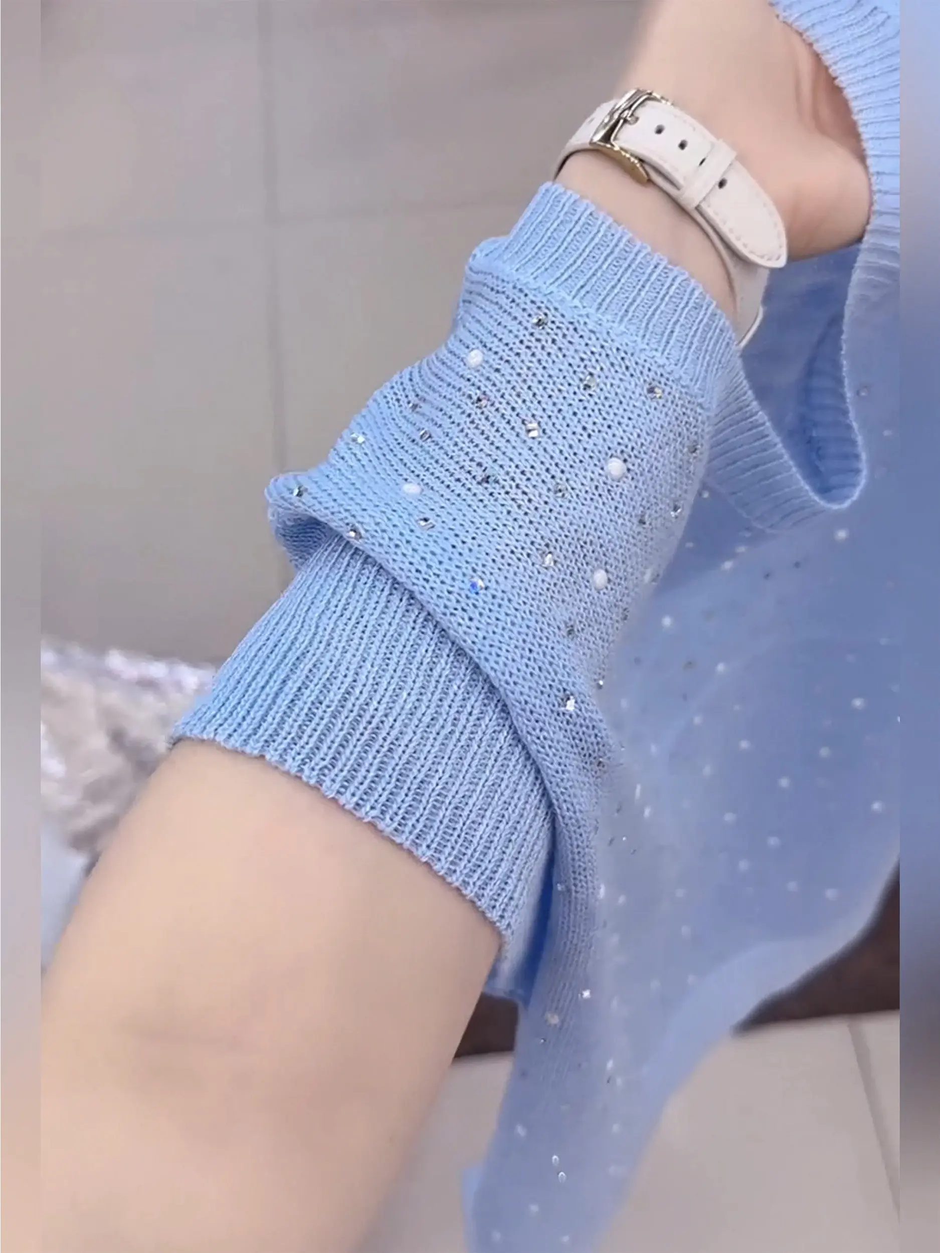 Loose Fit Knitted Short Sleeve Women's T-shirt Blue Summer Korean Style Heavy Drill Soft Comfortable Breathable Top