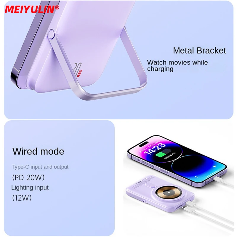 MEIYULIN 10000mAh Magnetic Power Bank 15W Wireless Fast Charging For iPhone 14 Samsung Folding Stand External Battery Powerbank