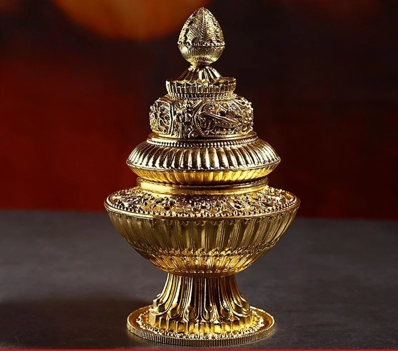 Brass Carved “Eight Auspicious Symbols” Altar Ornament and Rice Jar for Tibetan Buddhism