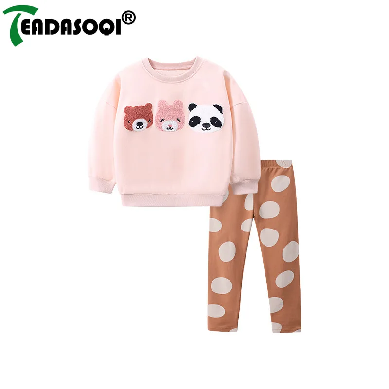 

3-8Y Autumn Winter Pink Kids Clothes Girls Children Warm Fleece Outerwear Cartoon Panda Long Sleeve Sports Pullover Top+Pants