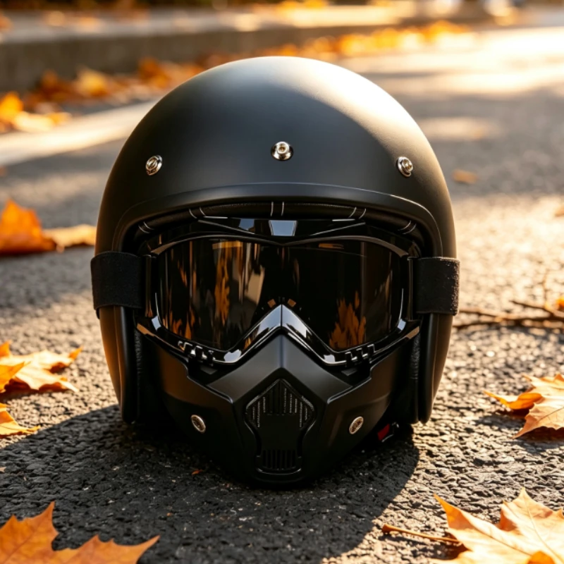 Vintage Black 3/4 Open Face Motorcycle Helmet With Goggles Mask Detachable Face Shield Retro Cafe Racer Motorbike Helmet 3PCS