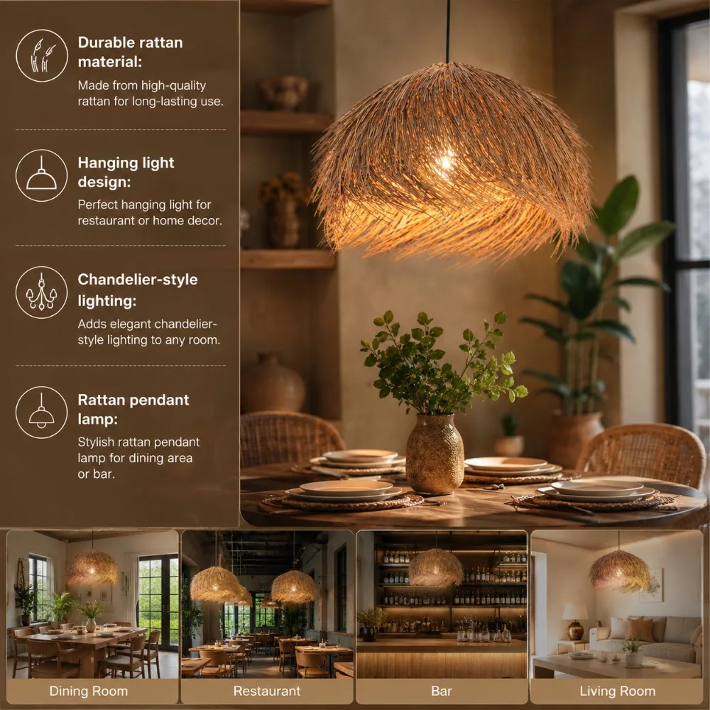 Japanese Style Wicker Chandelier Retro Rattan Straw Hat LED Pendant Light 50CM for Ceiling Shop Bar Living Room Decoration