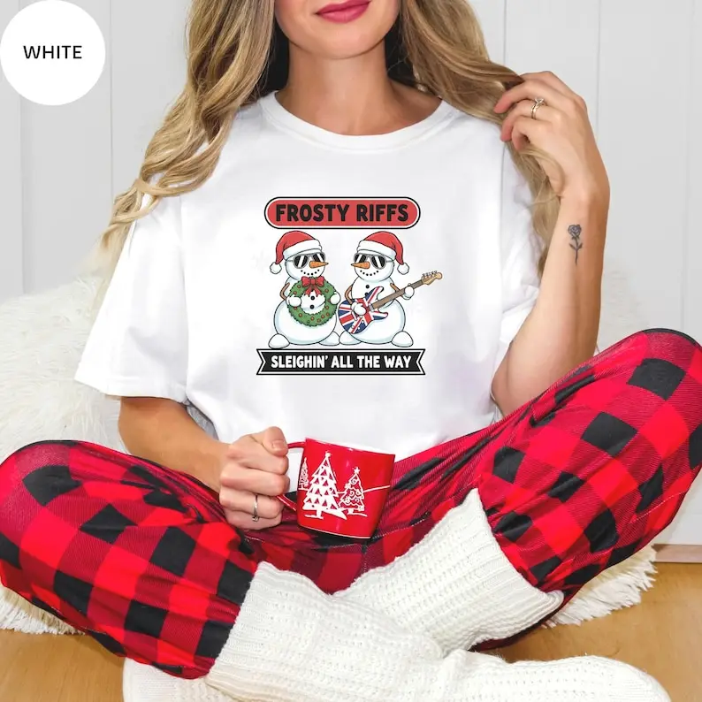 Frosty-Riffs-Christmas-Shirt:-Funny-Snowman-Rock-Band-Holiday-Tee-Sweatshirts-Harajuku-Regular-Short-Sleeve-Casual-Style-Tees