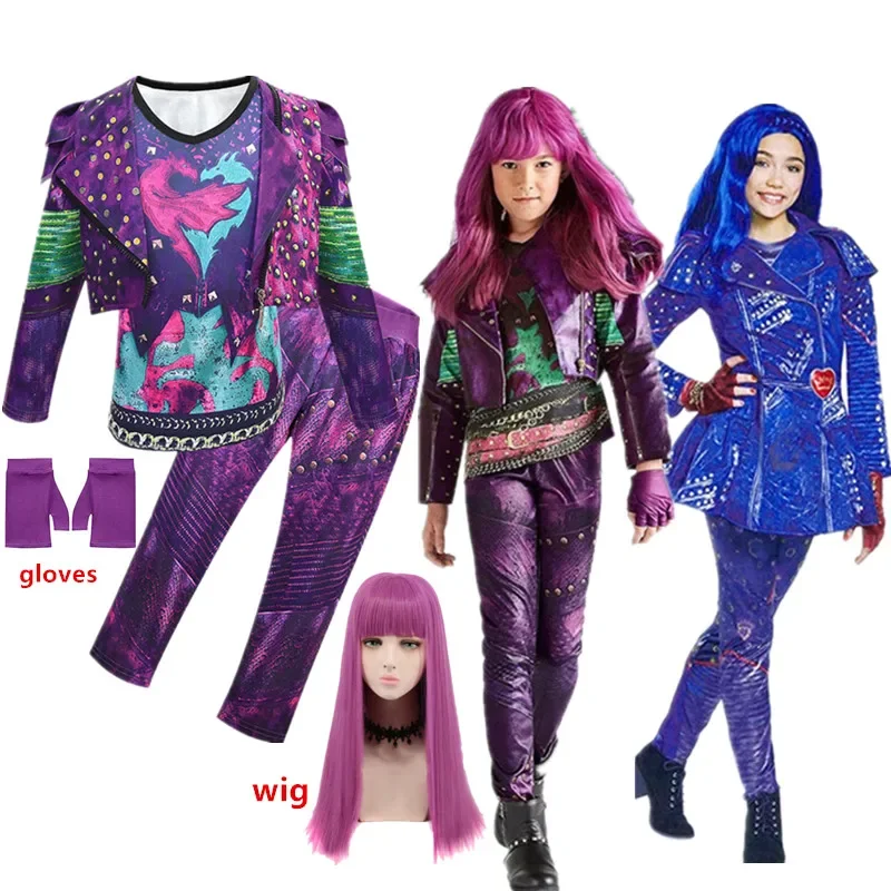 Kids Halloween Costume For Girls D-Descendants 3 Evie Mal Cosplay Costumes With Wig Children's Carnival Party Dress pants set