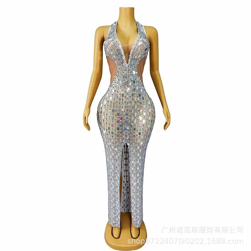 

Neck Deep V Sexy Split End Luxury Evening Cocktail Party Catwalk Evening Studio Showroom Dress Robe Femmes Élégantes Chic Soiree