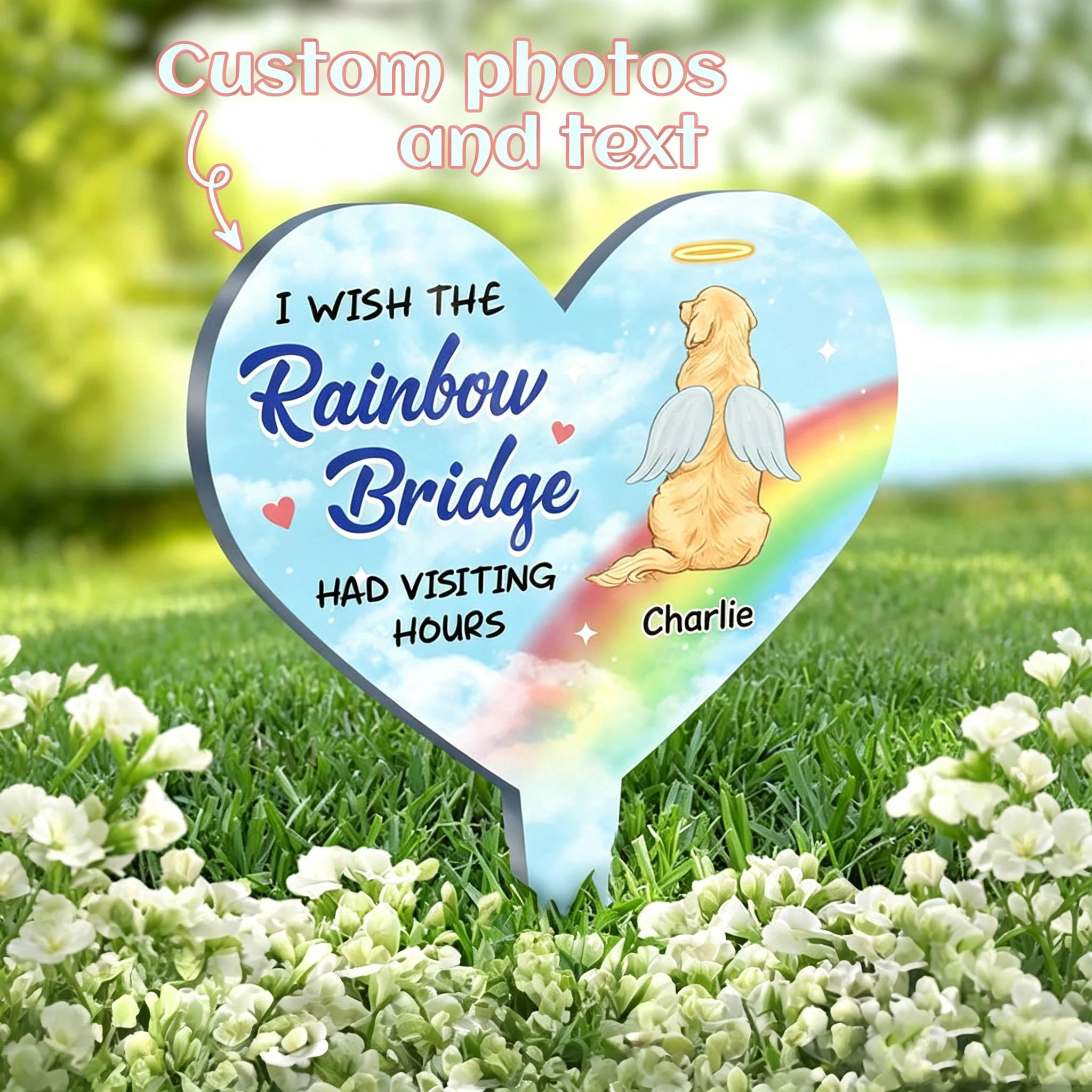 1pc Personalized Custom Acrylic Garden Stake,Pet Memorial,Heart-Shaped Rainbow Bridge Design,Sympathy Gift ,Outdoor Grave
