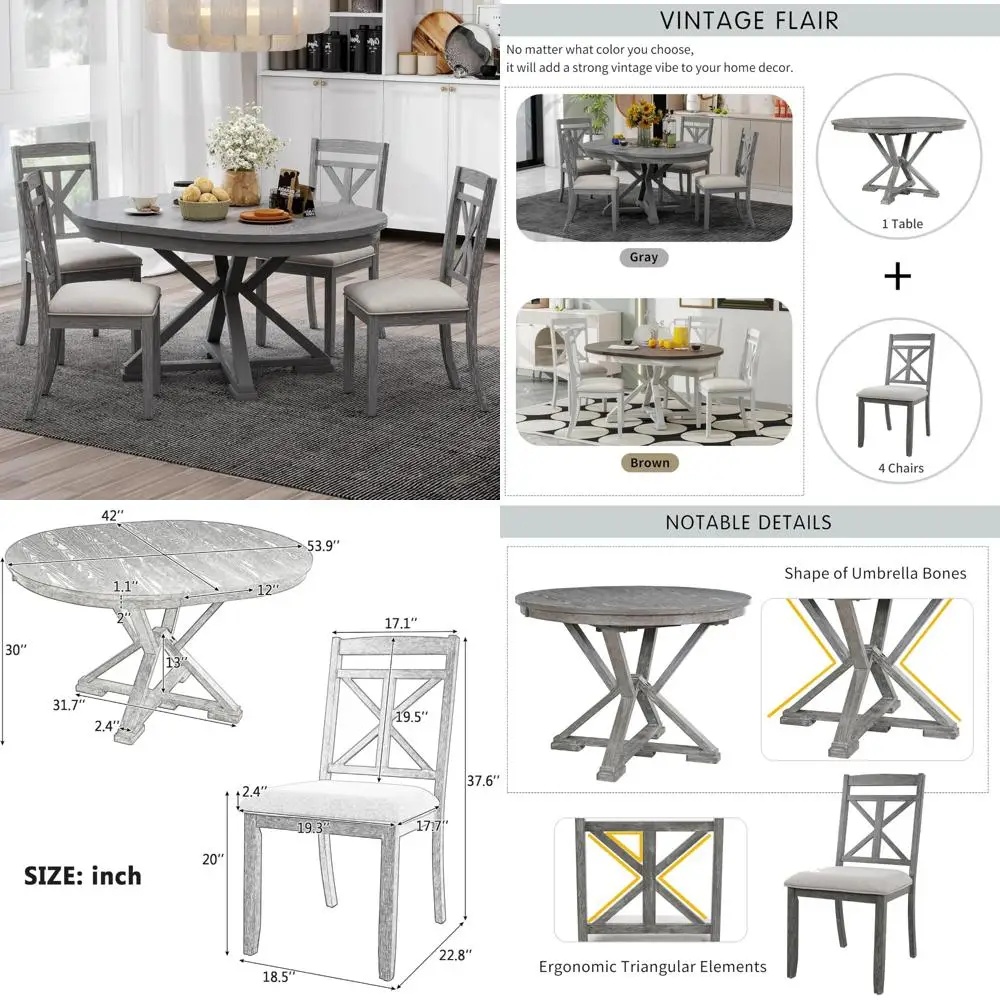 طقم طاولة طعام مستديرة قابلة للتمديد مكون من 5 قطع مع 4 كراسي منجدة