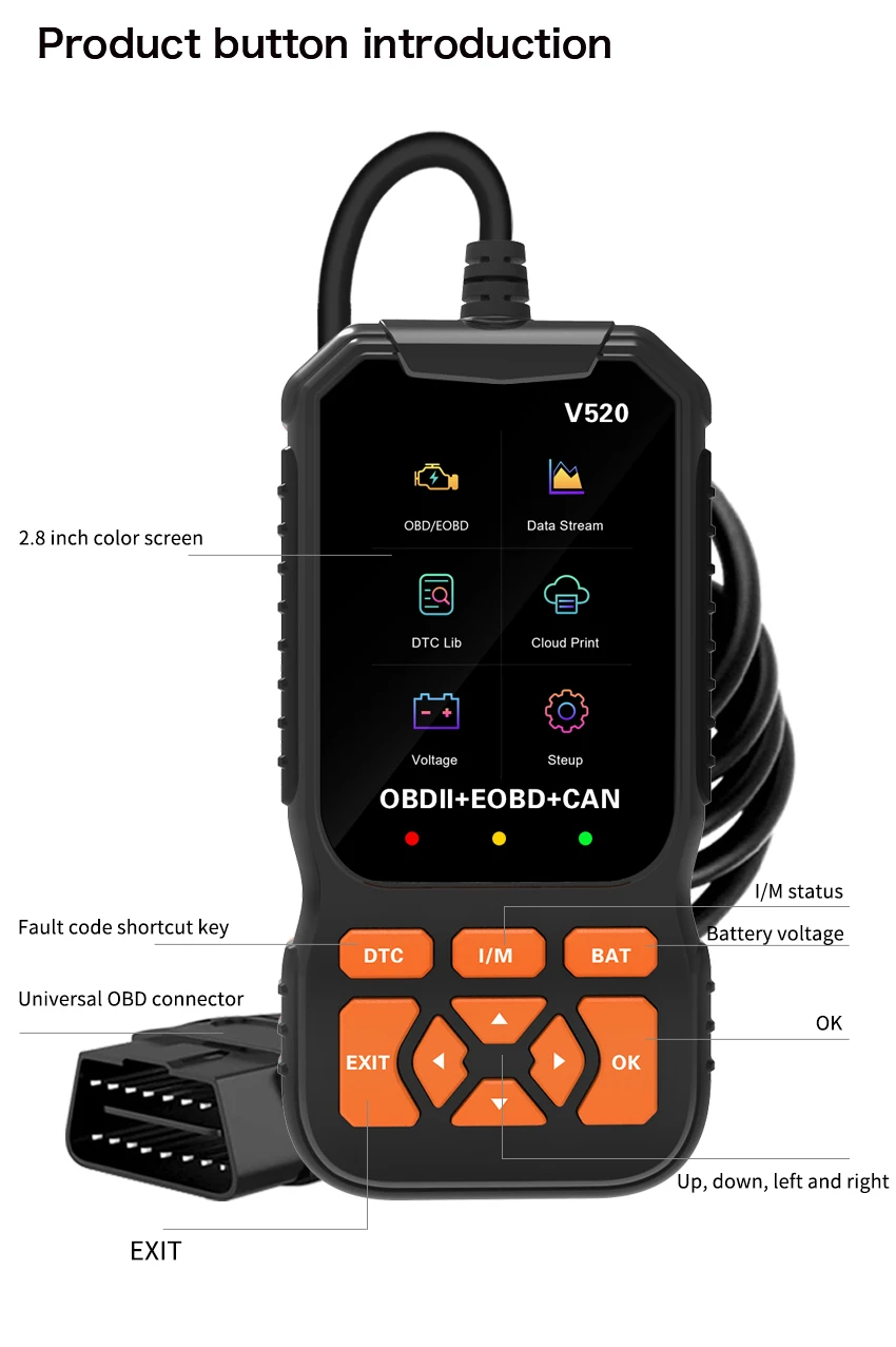 New V520 Car Diagnostic Detector DC 9V-16V Code Reader OBD2 Function Fault Diagnosis Tester Check Engine Auto Scan Tool