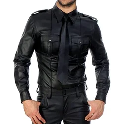 Men's Sexy Shiny Leather Tank Shirt Erotic Sheath Wetlook Latex Coat Male Glossy Metallic PVC Leather Jacket Short-sleeved Tops