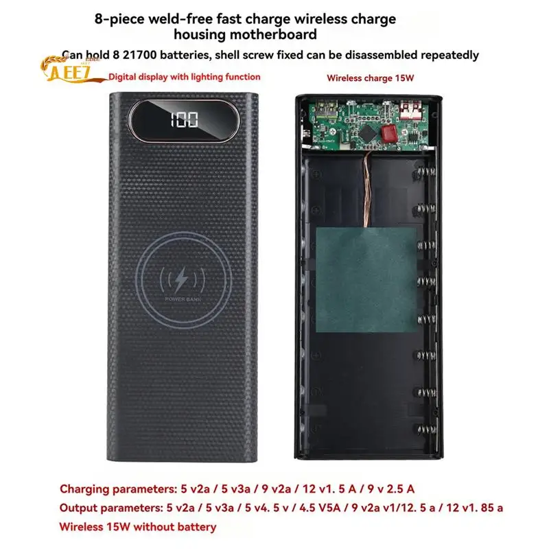 AEE7-Power Bank DIY Shell Fall Batterie Ladegerät Box Mit Beleuchtung Funktion 8X21700 Batterie Shell Lagerung Organisieren