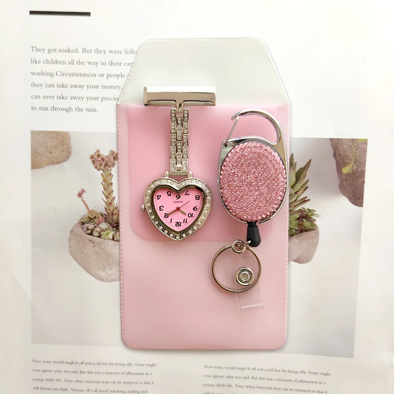 Nurse Pocket Watch+Pen Bag+Pen Holder+Stretch Buckle Heart-shaped Belt Drill Quartz Watches Brooch Medical Silver Nurse Watch