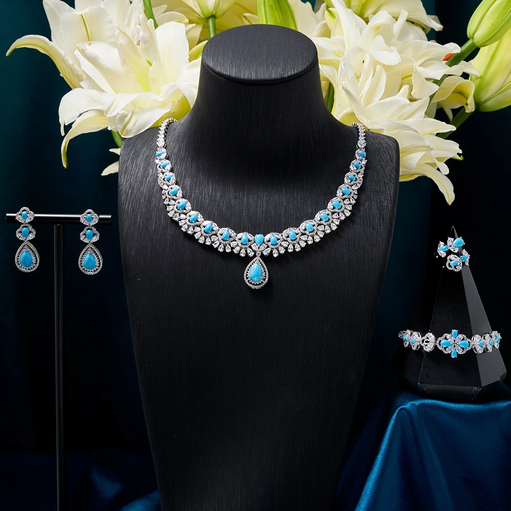 021560 Bridal Necklace Set for Women Turquoise Cubic Zirconia Jewelry Engagement Party Wedding Expensive Jewelry Set Handwork