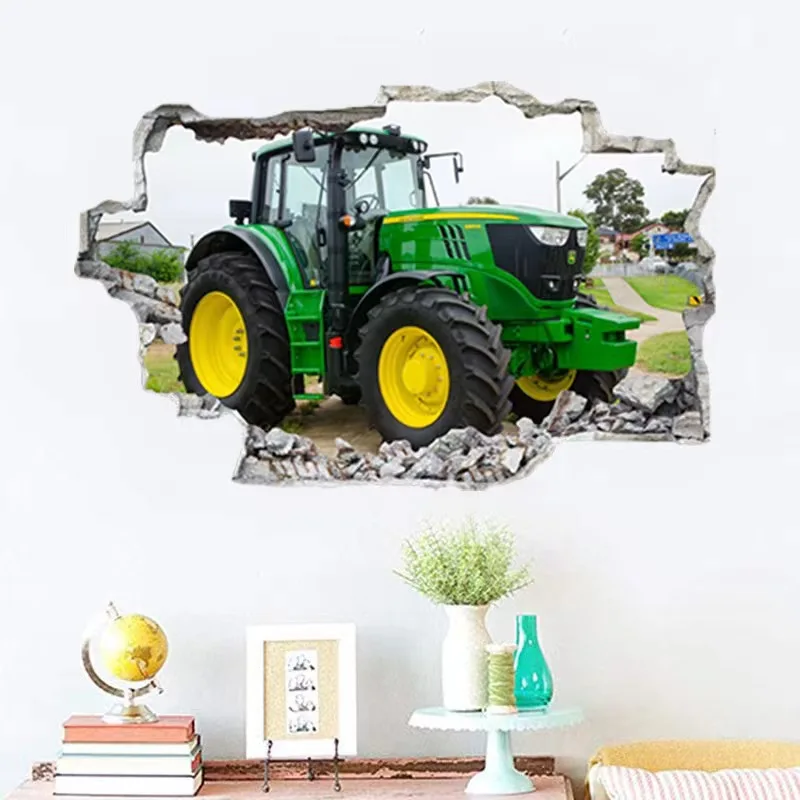 3D large-scale heavy-duty agricultural equipment wall stickers, excavators, tractors, children\'s room home decoration murals