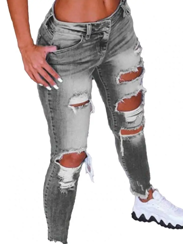 女性のファッションヒップホップデニムジーンズコードリップドp破れ穴カジュアルハイウエストパンツ春秋冬季節着用