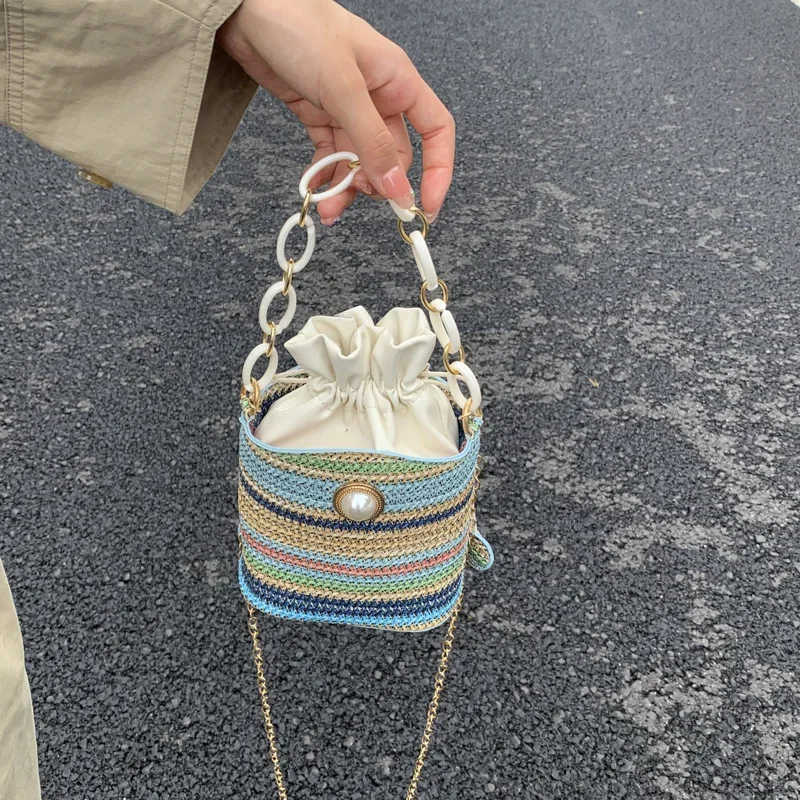 

Women's Ethnic Feng Shui Bucket Bag Fashion Striped Chain Crossbody Versatile Drawstring Weaving Shoulder Bag