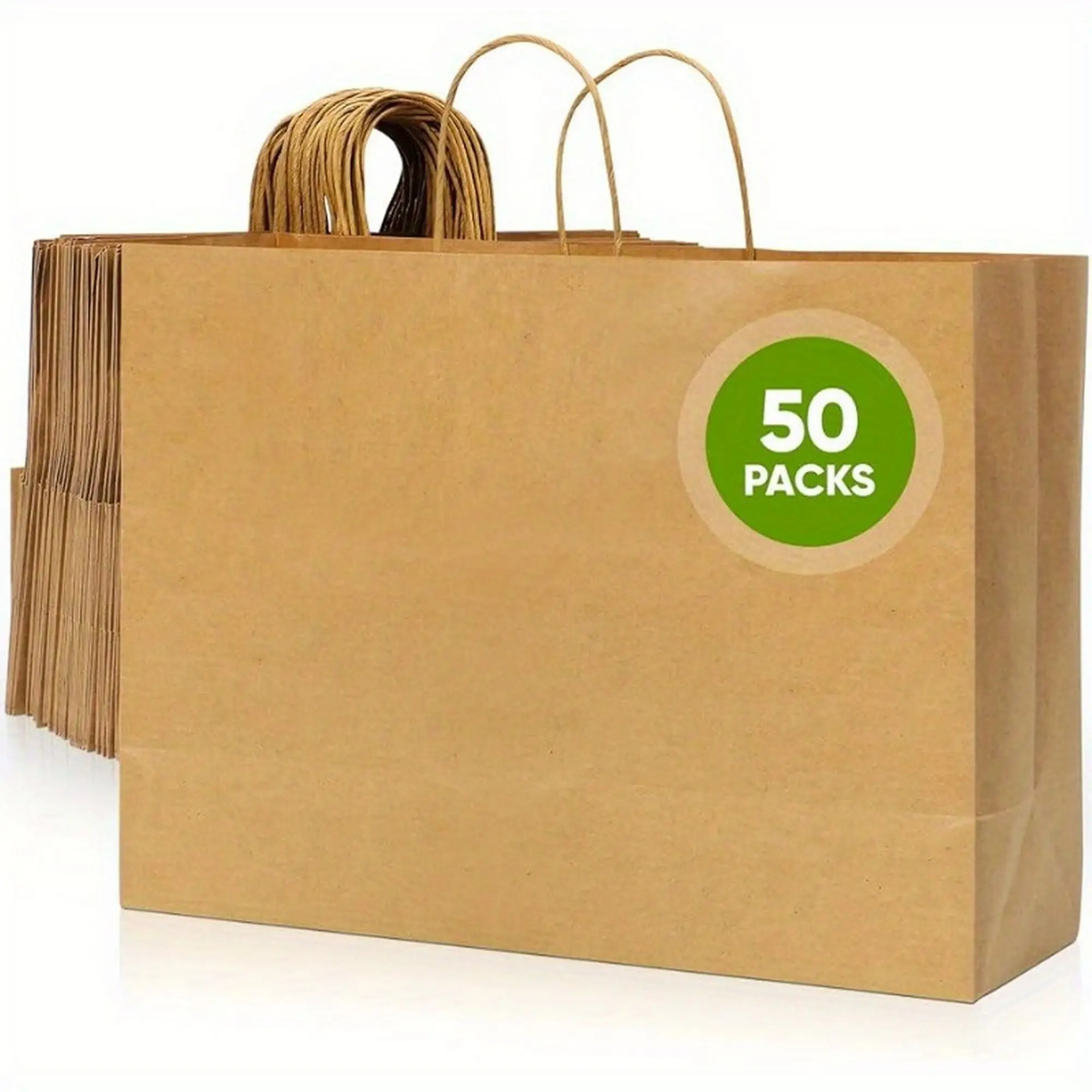 50pcs Kraft Paper Bag With Handle, Kraft-Color Takeaway Bag, Recycled Paper Shopping Bag, Portable Gift Packaging Bag, Grocery R