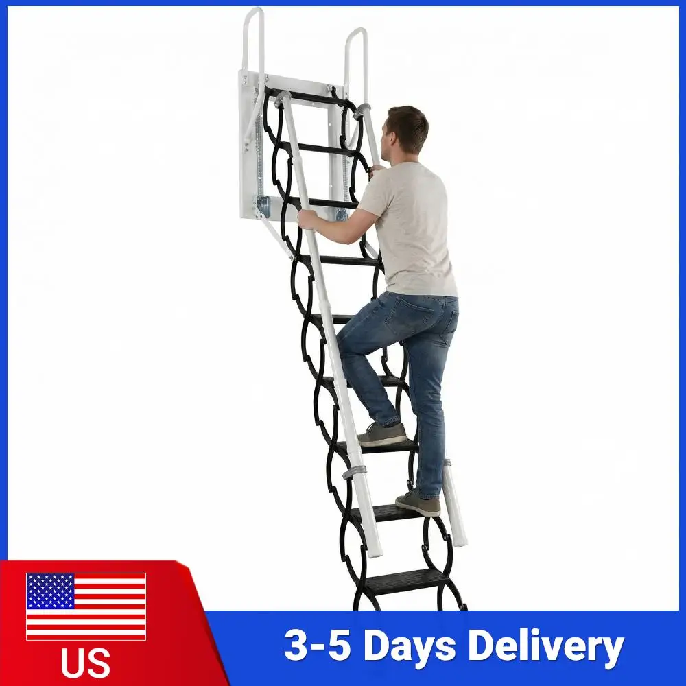 

Folding Loft Stairs with 2 Handrails and Pull-Down System Metal Telescoping Step Ladder Load Capacity 660Lbs for Indoor Outdoor