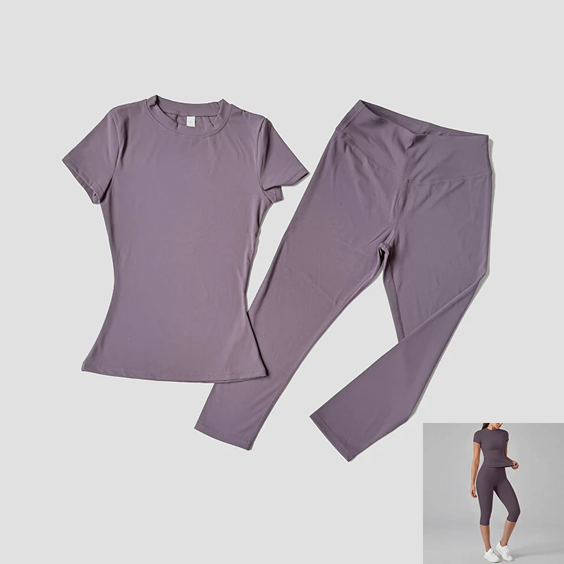 WAREBALL Women's Fitness Set Gym Tracksuit Quick Drying Short Sleeve Workout Capri Pants Sportswear Female Athletic Wear