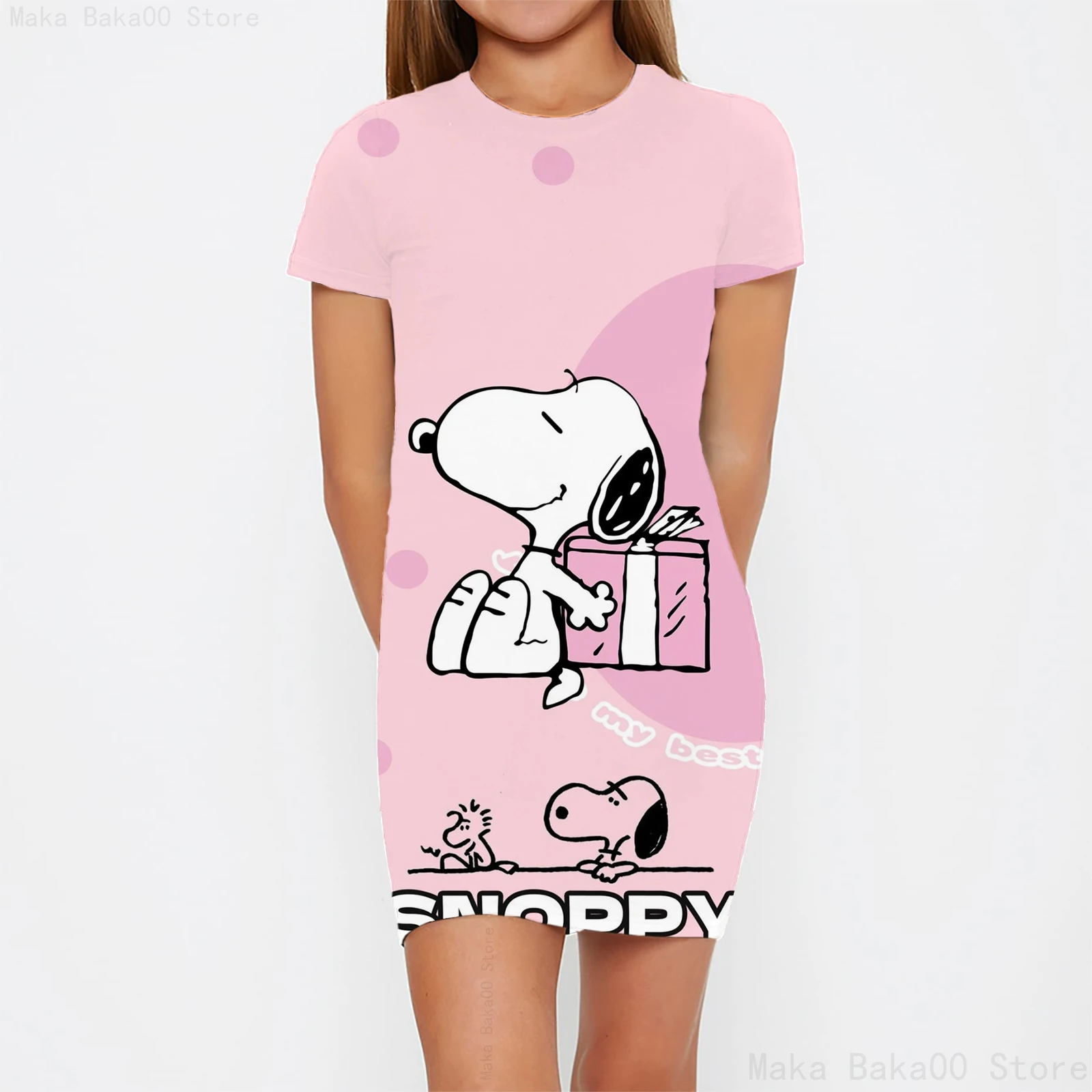 Fashion new role play princess dress summer youth cartoon Disney Snoopy girls round neck tight dress soft skirt