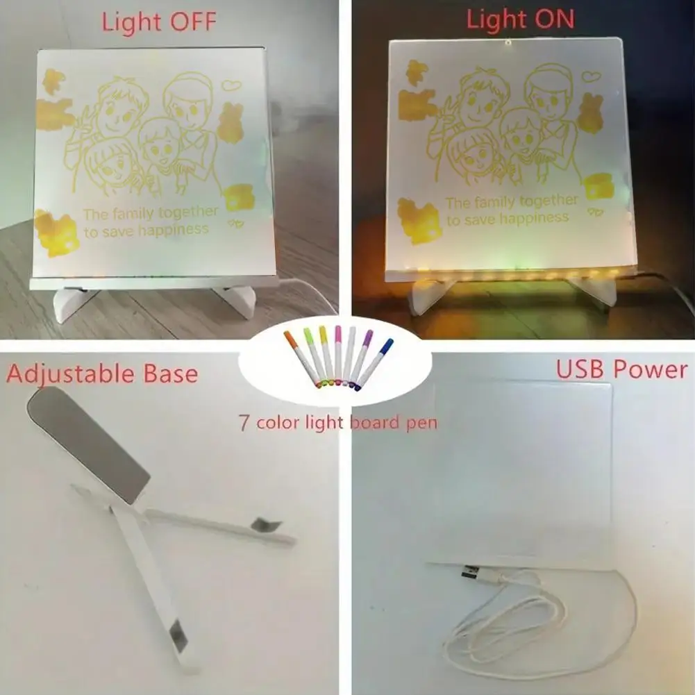 LED Light Up Erasable DIY Writing Board For Kids Family Theme Drawing Board Stand 7 Colored Pens Included Children Art Supplies