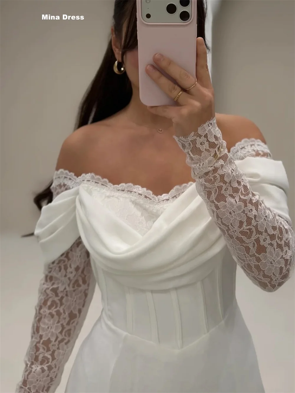 

Mina Customized White Luxurious Evening Dresses for Special Occasions Off-the-shoulder Long Sleeves Lace Embroidery Slit Party