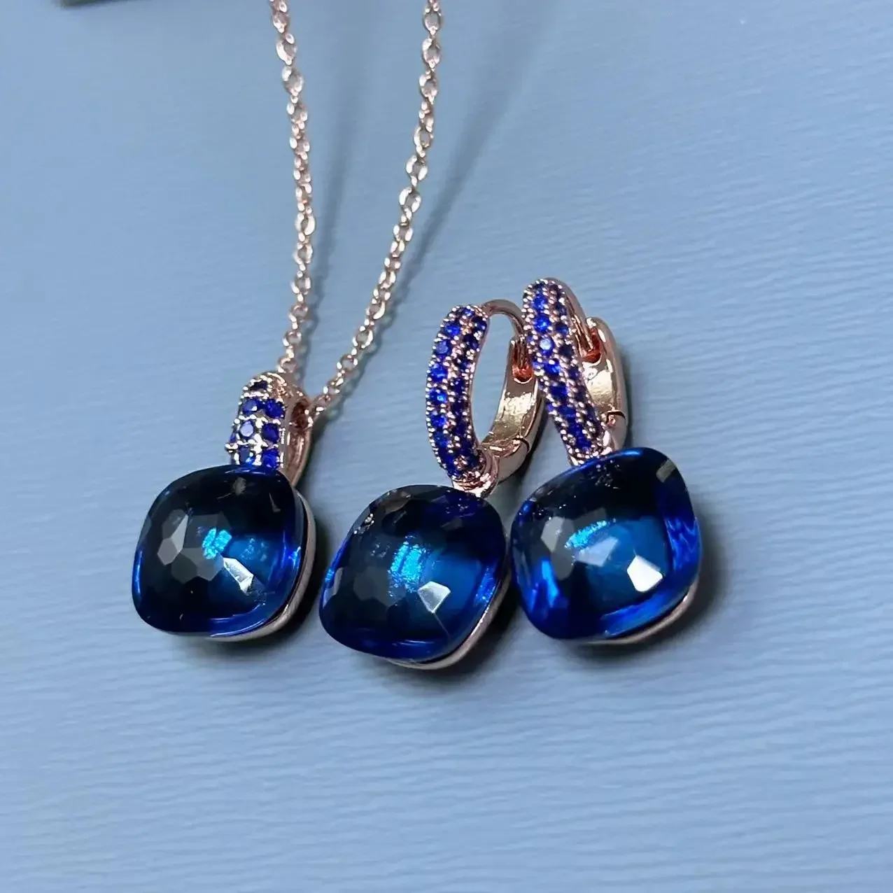 2Pcs/Set 12.6mm Earrings Necklace Set Inlay Dark Blue Zircon Candy Crystal Jewelry Set Nudo Drops Earrings Fashion Jewelry