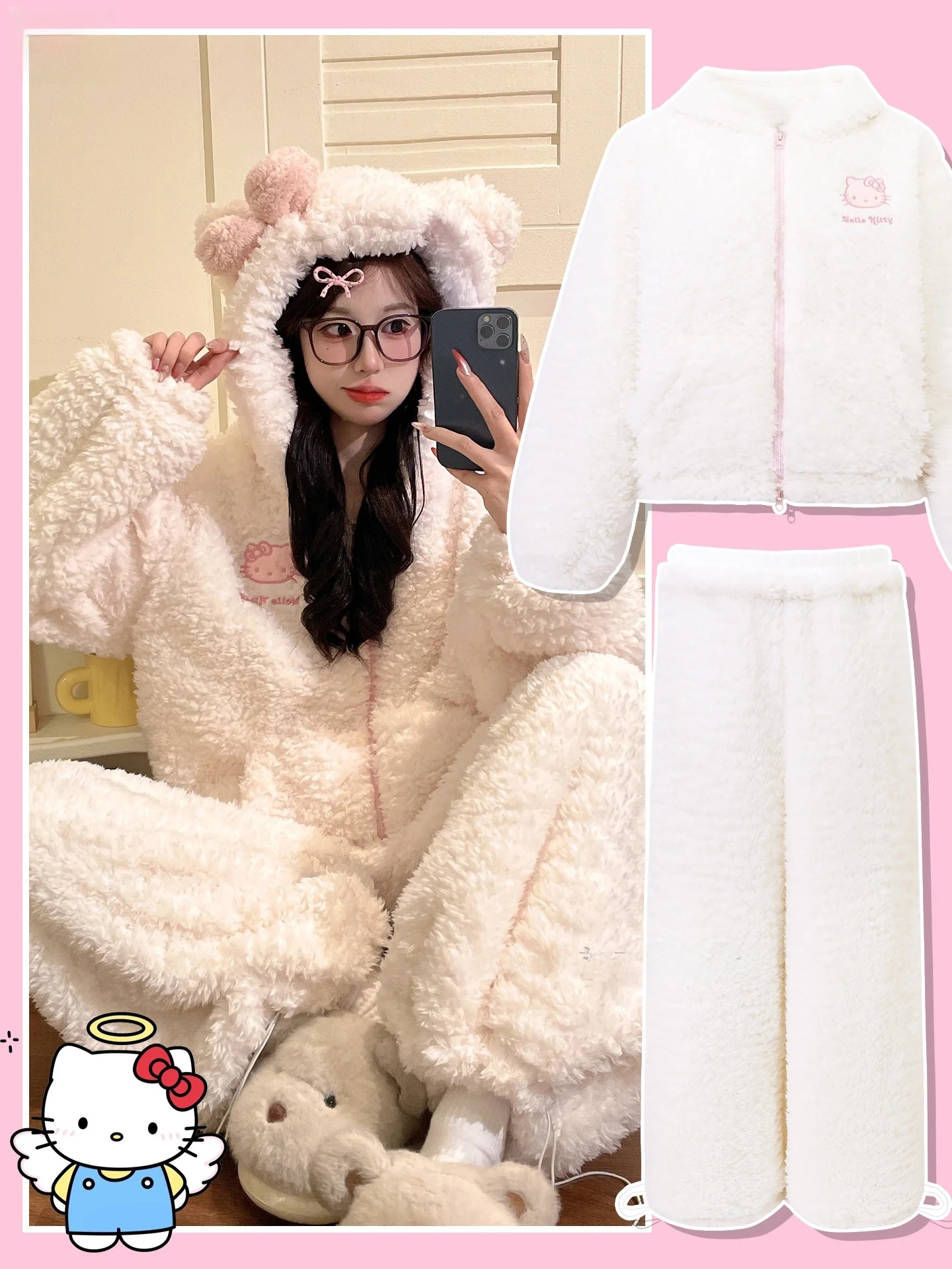 

Cute Hooded Women's Spwear Winter Thiened Coral Fce Warm Home Clothes Unique Design Cartoon Sle Long Pants Outfit