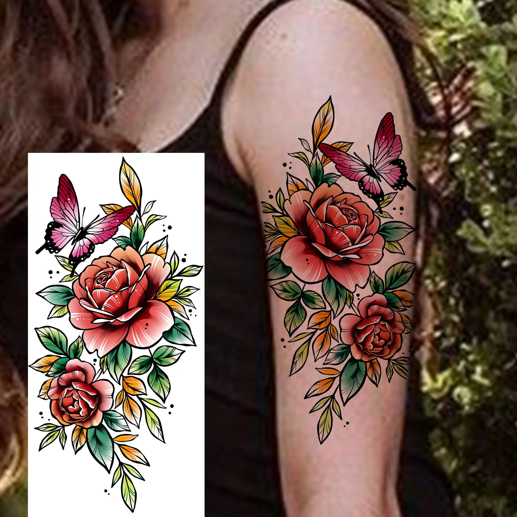 1 Sheet Beautiful Watercolor Flowers Butterfly Temporary Tattoos For Women Waterproof Realistic Fake Tattoo Sticker Long Lasting 3