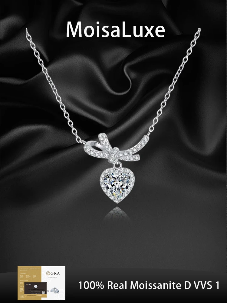 

MoisaLuxe Official Store Moissanite Plata Sterling 925 Silver Love Necklace Women's Bowknot Heart Pendant Necklace Jewelry Gift