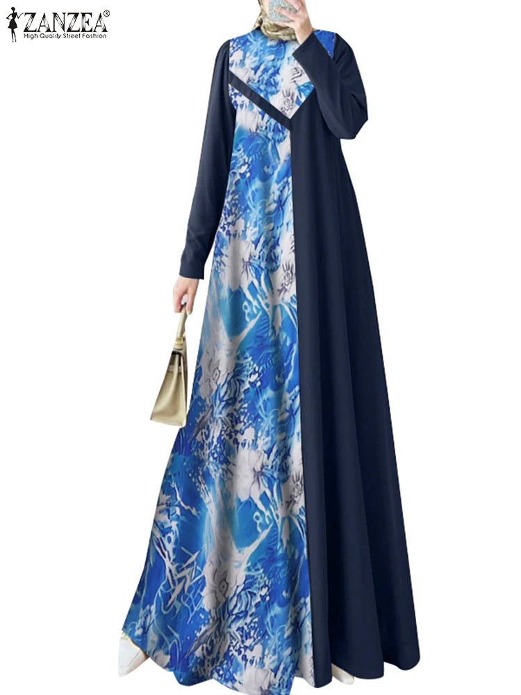 ZANZEA Elegant Floral Printed Patchwork Long Dresses Women Fashion Long Sleeve O Neck Abaya Robes Islamic Hijab Muslim Vestidos