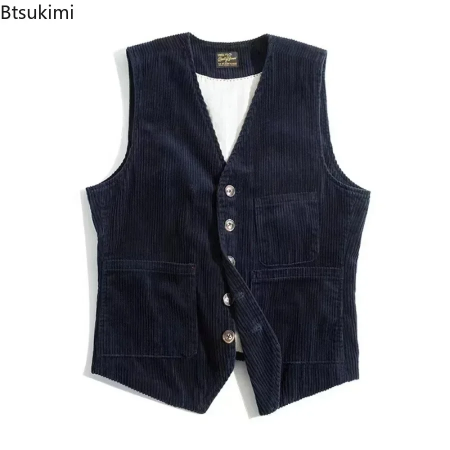 New Men's Retro Tooling Waistcoat Corduroy Vests Fashion Casual Versatile Vest Jackets V-Neck Gentleman Business Men's Tank Tops