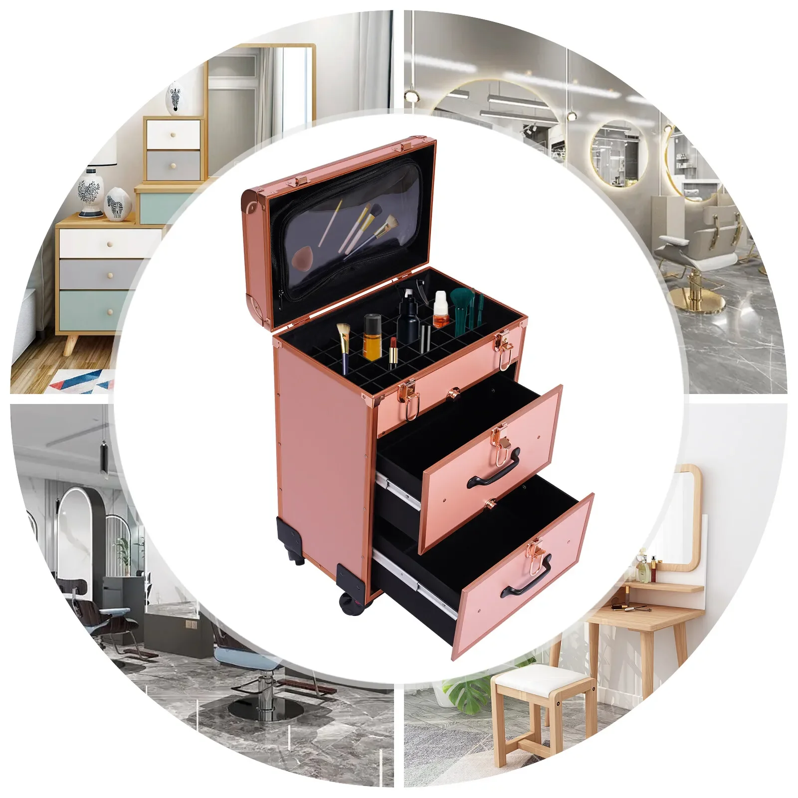 منظم تخزين مستحضرات التجميل، حقيبة مكياج احترافية مع أدراج، عربة مكياج كبيرة قابلة للقفل، صندوق مكياج للسفر