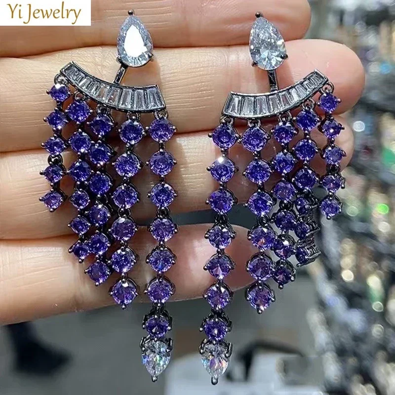 

Luxury Full Zircon Large Earrings for Women Red/Purple/White Long Chain Tassel Wedding Bride Jewelry Female Gift Shiny