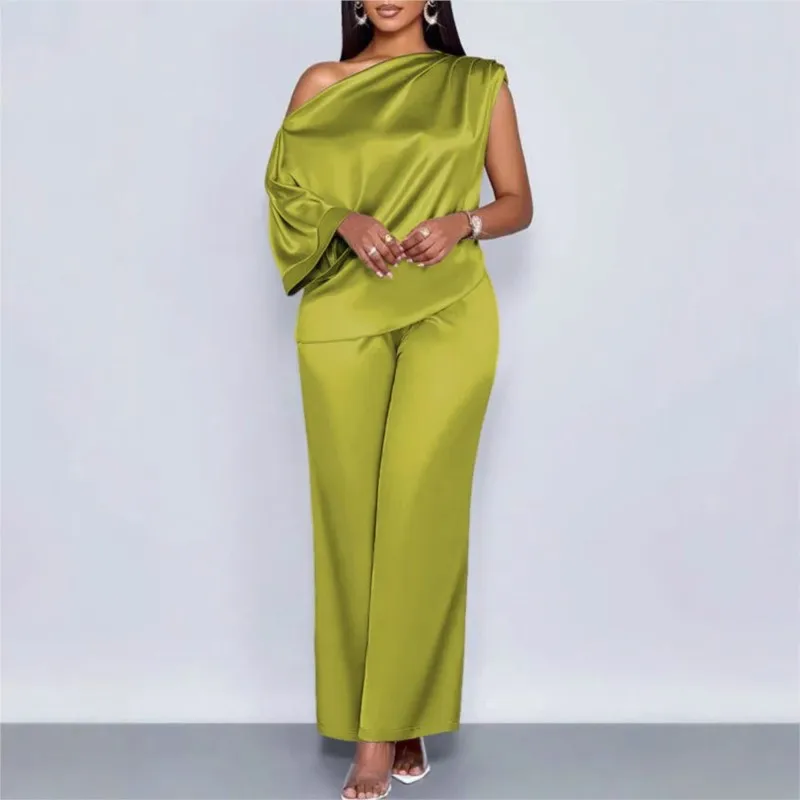 

Women's Trousers Pants Set Summer Casual Fashion Solid Color Satin Short-sleeved Tops Wide-leg 2-piece Set Female Elegant Suit