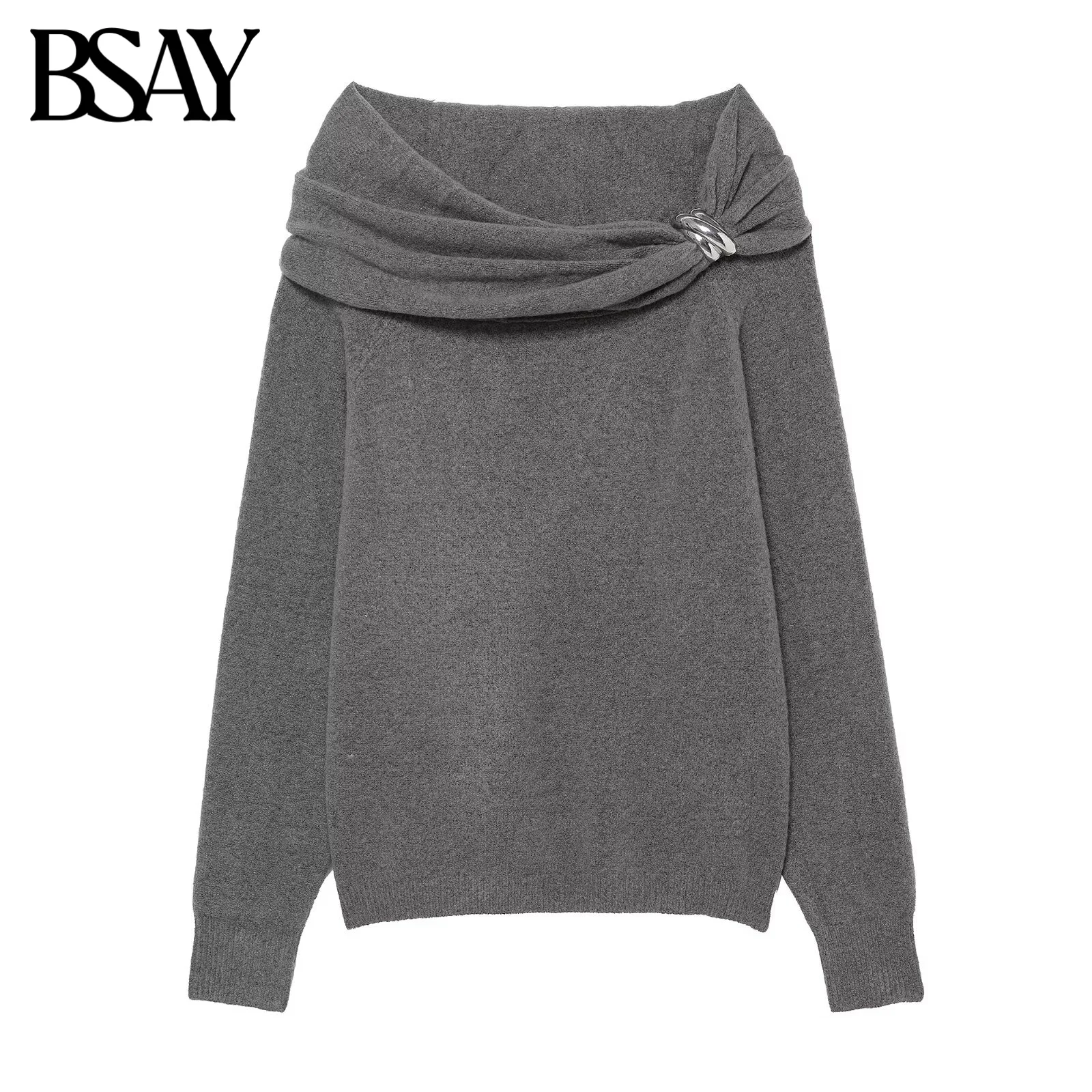 

BSAY Metal Decorative Off Shoulder Knitted Sweater for Women Fashion Autumn Winter Long Sleeves Tops Chic Female Sweaters Mujer