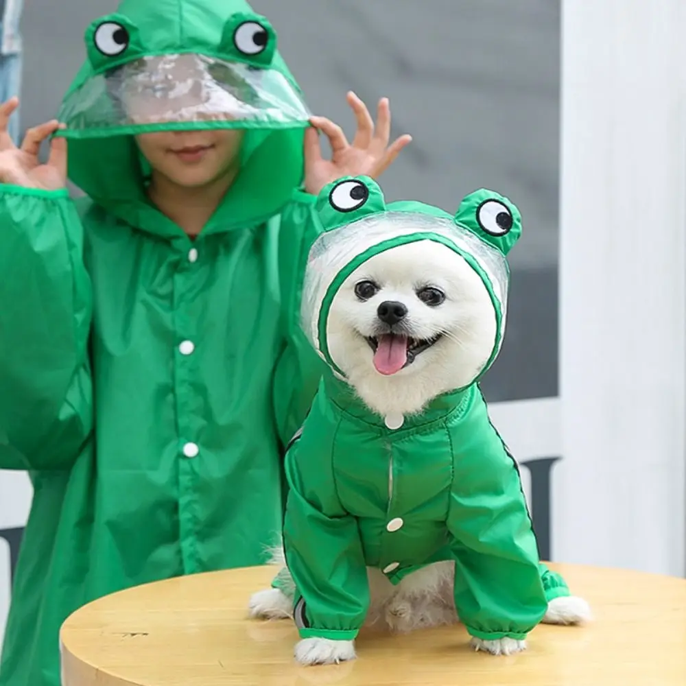 Cartoon Dog Raincoat with Hood Funny Shape Adjustable 3D Frog Pet Poncho Elastics Reflective Four Legs Dog Costume Outdoor