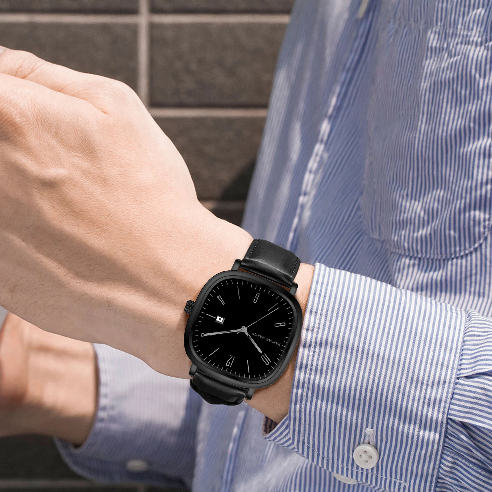 هانا مارتن العلامة التجارية الأعلى ساعة رجالية موضة الأعمال نمط الجلود مربع فضي أسود حركة كوارتز 3Bar ساعة للرجال reloj