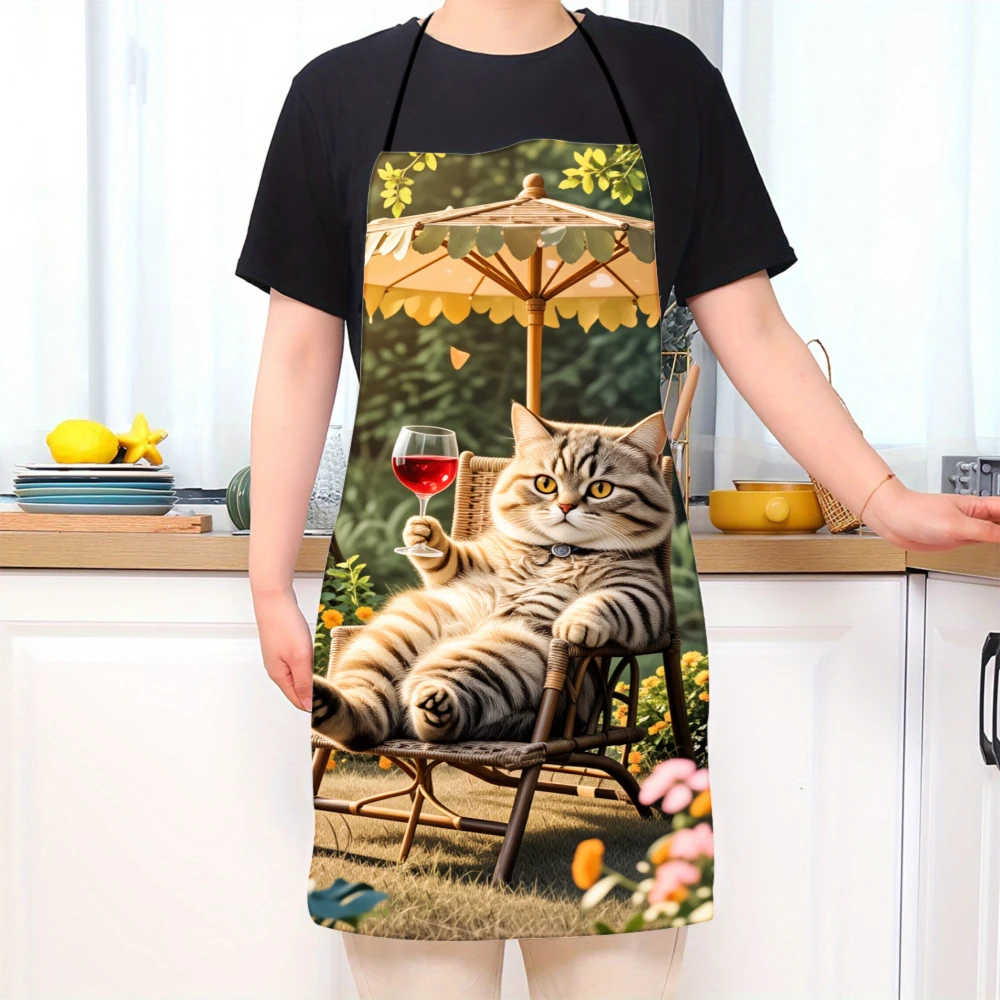 Cat Relaxing In Garden With Wine Glass Apron For Cooking And Baking Kitchen Wear Fun Animal Design